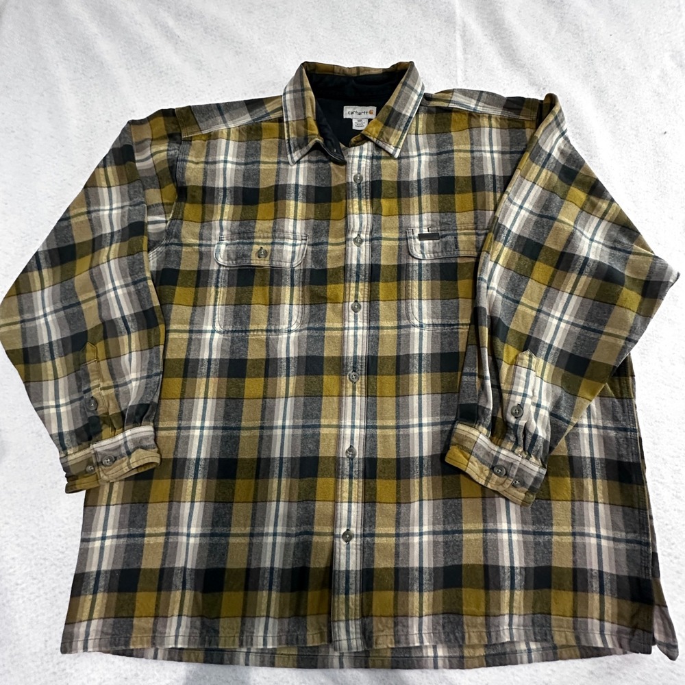 Carhartt Flannel Shirt Mens 3XL Yellow Plaid Cotton Heavyweight Workwear Shirt